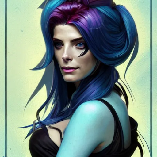 Prompt: Ashley Greene with blue hair as Jinx from League of Legends, western, D&D, fantasy, intricate, elegant, highly detailed, digital painting, artstation, concept art, matte, sharp focus, illustration, art by Artgerm and Greg Rutkowski and Alphonse Mucha