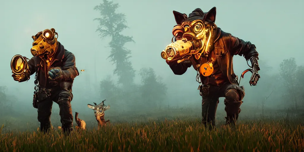 Image similar to gamekeeper wearing a steampunk and neonpunk mechanical fluorescent mystical animal mask in strange misty estuary landscape fight with werewolf, night, realism in style of fornite game, 4 k, octane render, award winning photograph, epic cinematic shot, perfectly defined features, ambient occlusion