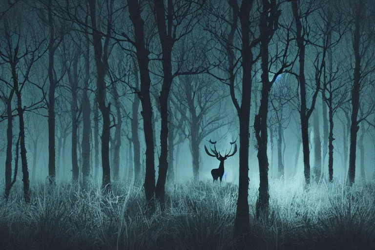 Image similar to a creepy dark forest illuminated by a bioluminescent stag, night