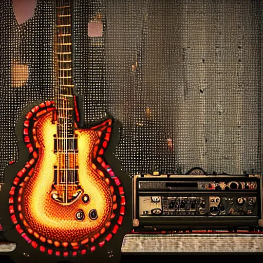 Prompt: guitar on a stand on a stage with a guitar amp, the guitar is futuristic steampunk style, textured with gears and tubes, 8 k, fluorescent colors, halluzinogenic, multicolored, exaggerated detailed, unreal engine - h 7 6 8