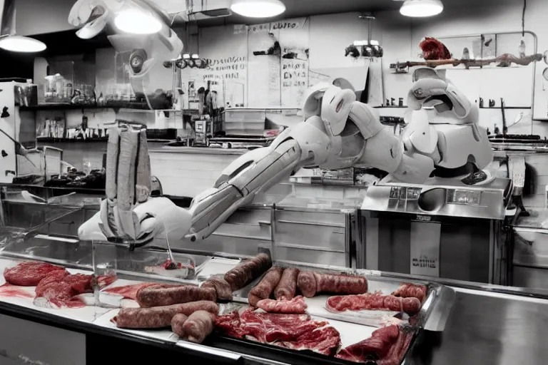 Image similar to A robotic butcher shop, where retirees come to buy fresh meat and sausages on weight. A cyborg with a lot of wires and a set of knives on the tabletop serves it. It's noticeable that several wires are sparking (it's malfunctioning). Under the counter lie the dismembered corpses of the people (shopkeepers and other customers) whose meat he is selling.