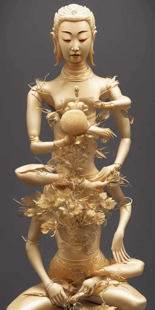 Prompt: a multi armed quan yin sculpture by hajime sorayama, holding a comically large lotus flower, digital art, artstation, concept art, award winning beautiful design,