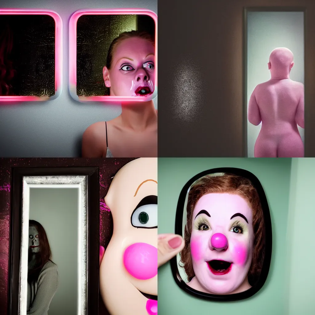 Prompt: irish woman reflected in bathroom mirror in dark room, terrified expression, behind her mr blobby lurks over her shoulder, horror scene, highly detailed, realistic