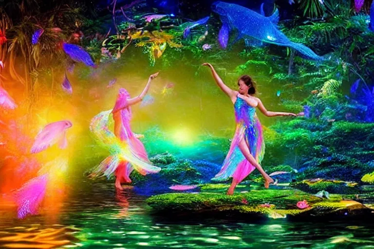 Prompt: ethereal glowing goddess dancing on a pond in the jungle surrounded by colorful glowing flying fish at night cinematic by Ridley Scott