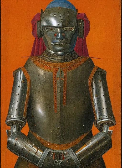 Image similar to a portrait of a warrior robot by Jan van Eyck