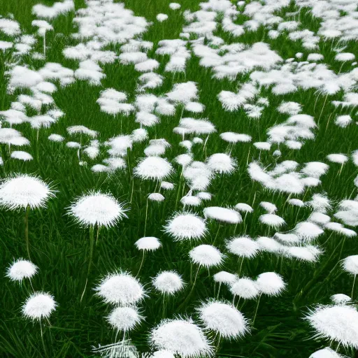 Prompt: a sea of white dandelions, in game style, a close-up