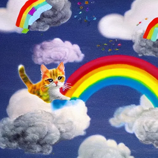 Prompt: A rainbow kitten with wings is flying among the clouds