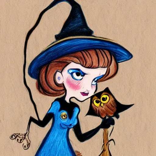 Image similar to disney style drawing of a witch with an owl on her shoulder, muted colors, acrylics on wood
