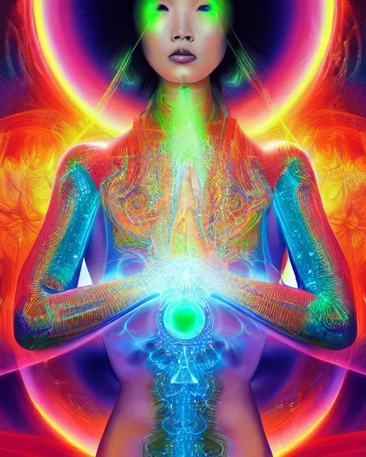 Prompt: a powerful energy psychedelic matrix asian woman, by alexander fedosav, hyper detailed digital matte painting, concept art, hyperrealism, 1 6 k resolution, cinema 4 d, 8 k resolution, trending on artstation, behance hd, a masterpiece, by stephan martiniere, particles, cel - shaded, power bright neon energy, by david a. hardy,