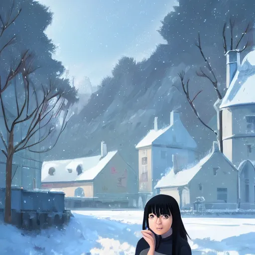 Image similar to teen girl with long black hair and bangs, detailed facial features, beautiful face, snowy winter village in the background, digital painting, artstation, highly detailed, by makoto shinkai and thomas kindle and James gilleard