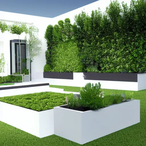 Prompt: a beautiful garden, modern minimal design, white color scheme, vivid lighting, sunset, photorealist, 4 k