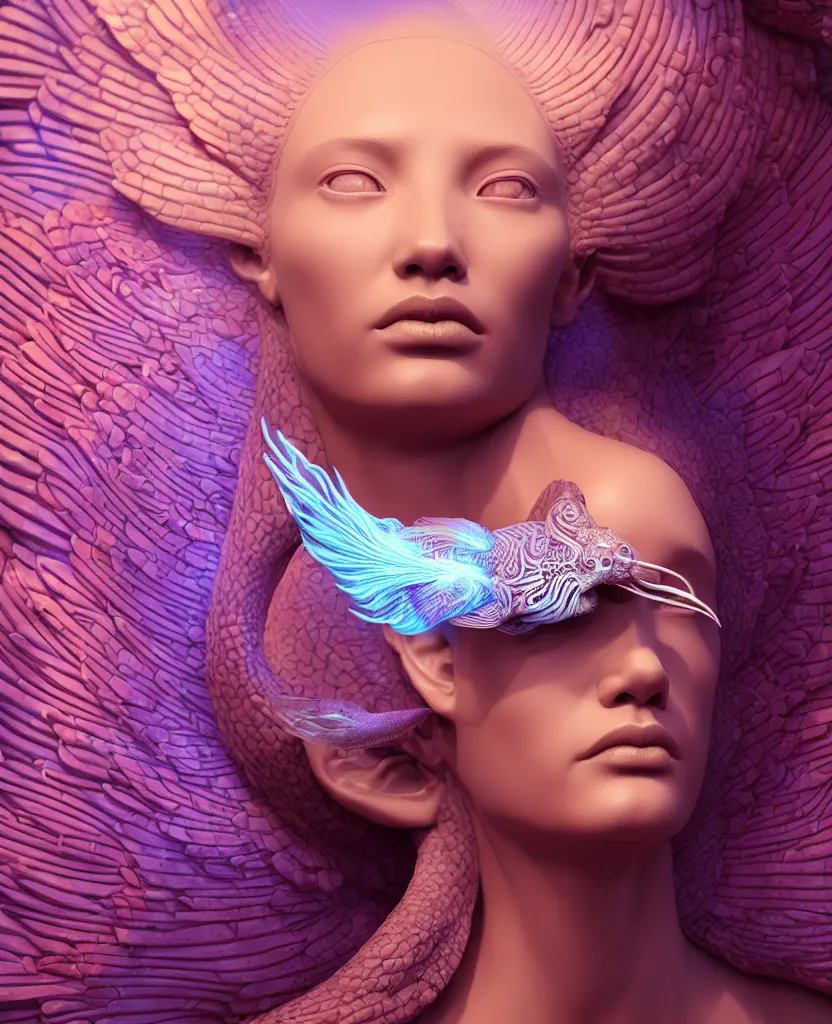 Image similar to goddess sculpture close-up portrait. orchid bird phoenix head, nautilus, skull, betta fish, bioluminiscent creatures, intricate artwork by Tooth Wu and wlop and beeple. octane render, trending on artstation, greg rutkowski very coherent symmetrical artwork. cinematic, hyper realism, high detail, octane render, 8k