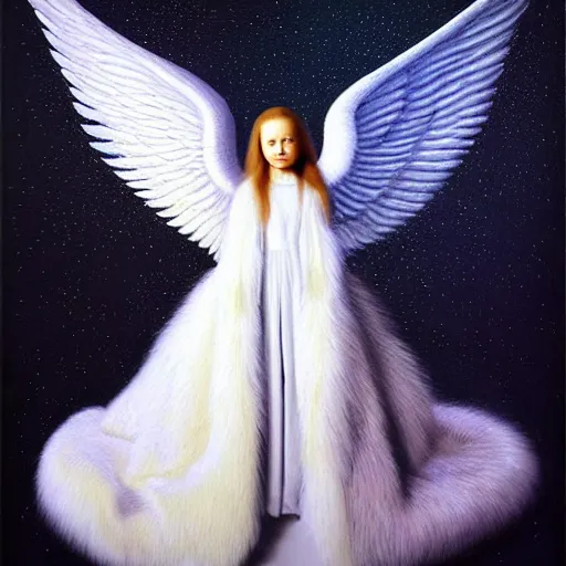 Image similar to highdetailed hyperrealistic painting of white angel!!! no gender!!!, giant ball of miracle light from the chest!!!!!, everywhere, 4 k hd fur face!!!, in the hood, big wings, by jan van eyck, holography space, white sparkles, glow effect, large strokes, white monochrome color!!!!!