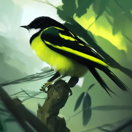 Image similar to green yellow white and black wren, reyezuelo listado, in avila pinewood, 4 k, concept art, by wlop, ilya kuvshinov, artgerm, krenz cushart, greg rutkowski, pixiv. cinematic dramatic atmosphere, sharp focus, volumetric lighting, cinematic lighting, studio quality