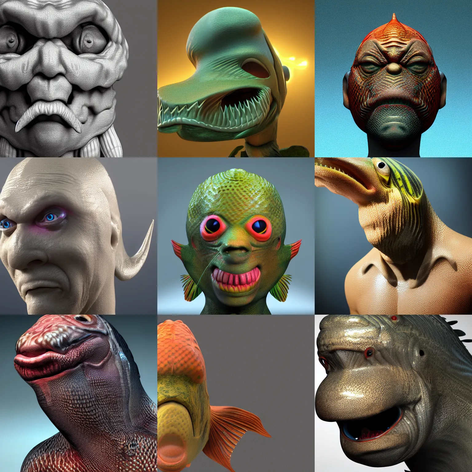 Prompt: fish man, octane render, head is a fish, smug, gills and scales