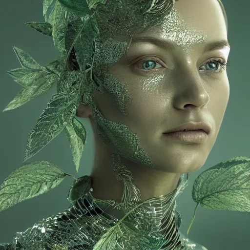 Prompt: a highly detailed digital image of a silver covered elegantly posed futuristic woman beautifully cocooned in green leafy foliage like leaves shot, full body shot, by Andrew Chiampo, artstation, and Frederik Heyman, extremely detailed woman, stunning volumetric lighting, hyper realism, fantasy, textured, stylized by Greg Rutowski, 4k