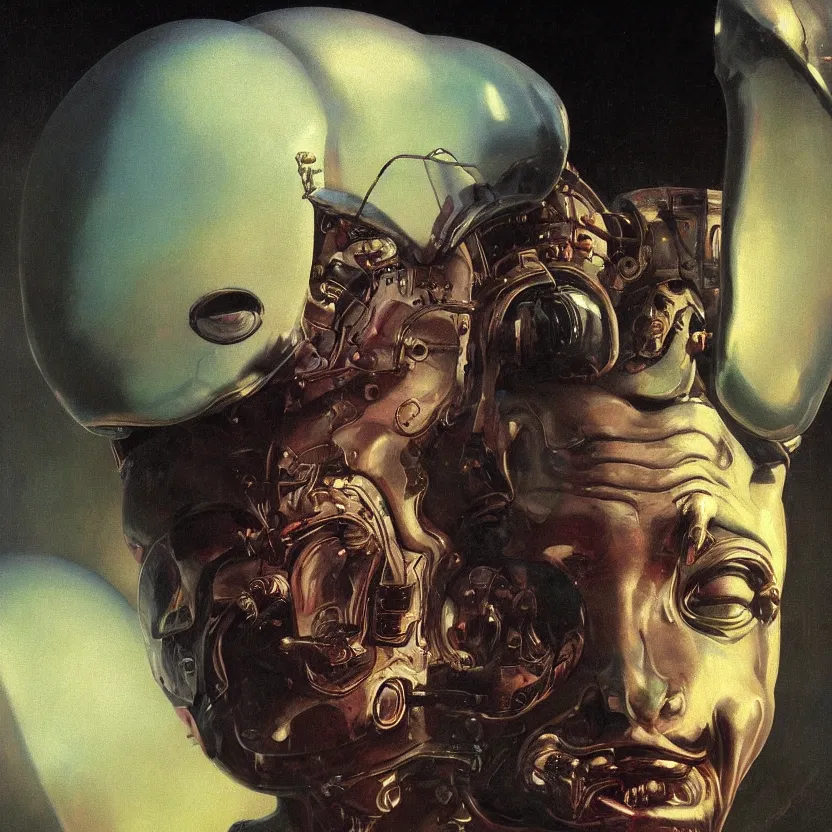 Prompt: a neoclassicist close - up portrait of a an otherworldy entity with surrealist features. iridescent reflective alien technology. foggy black background. highly detailed science fiction painting by norman rockwell, frank frazetta, syd mead and moebius. rich colors, high contrast, gloomy atmosphere, dark background. trending on artstation.