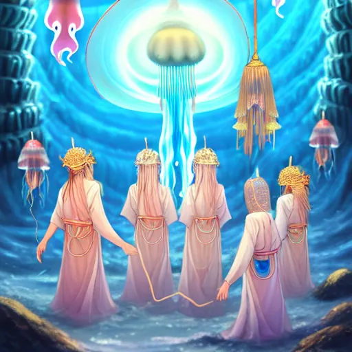 Image similar to A painting of priestesses worshipping at the jellyfish temple, shrouded in mist, jellyfish god, jellyfish priestess, jellyfish shrine maiden, 8K, illustration, art by WLOP and rossdraws and Logan Cure and Mingchen Shen and BangkuART and sakimichan and yan gisuka and JeonSeok Lee and zeronis and Chengwei Pan, smoke, undersea temple with fish, cinematic, insanely detailed and intricate, hypermaximalist, elegant, super detailed, award-winning, fuschia and vermillion and cyan, rainbow accents, mysterious, ancient, ritual, trending in cgsociety, artstation HQ, ornate, elite, haunting, matte painting, beautiful detailed, insanely intricate details, dreamy and ethereal, otherworldly