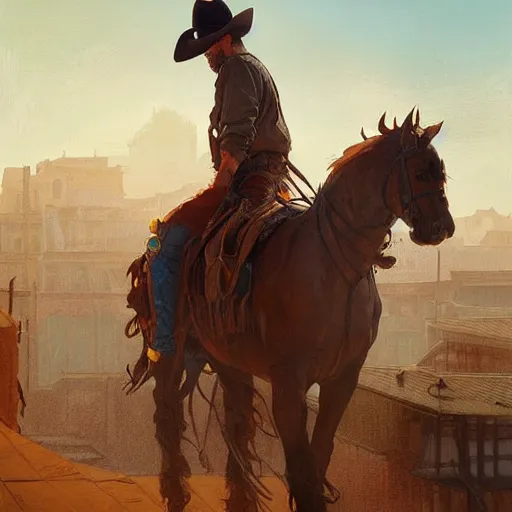 Image similar to cowboy walking into town, highly detailed, digital painting, artstation, concept art, smooth, sharp focus, illustration, art by artgerm and greg rutkowski and alphonse mucha