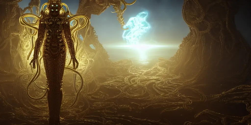 Prompt: a photo of 8k ultra realistic corrupted lovecraftian golden humanoid queen standing next to a spaceship window overlooking earth, 8 intricate white and gold tentacles, ornate white and gold armour, cinematic lighting, trending on artstation, 4k, hyperrealistic, focused, extreme details, unreal engine 5, cinematic, masterpiece