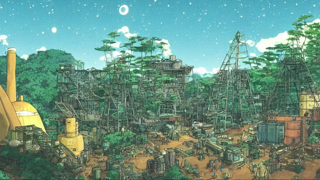 Prompt: a movie still from a studio ghibli film showing a huge industrial mining facility. a pyramid is under construction in the background, in the rainforest on a misty and starry night. by studio ghibli