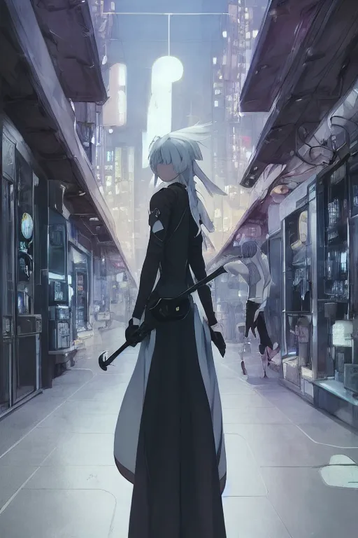 Image similar to a white haired girl with a guitar on her back shopping at a convenience store at night, grey and dark theme, s line, 4 5 angel by krenz cushart and mucha and makoto shinkai and akihito yoshida and greg rutkowski, nier : automata inspired, 4 k resolution