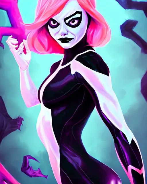 Image similar to portrait of Emma Stone as Spider-Gwen venom, art by lois van baarle and loish and ross tran and rossdraws and sam yang and samdoesarts and artgerm, middle shot, digital art, highly detailed, intricate, sharp focus, Trending on Artstation HQ, deviantart, unreal engine 5, 4K UHD image