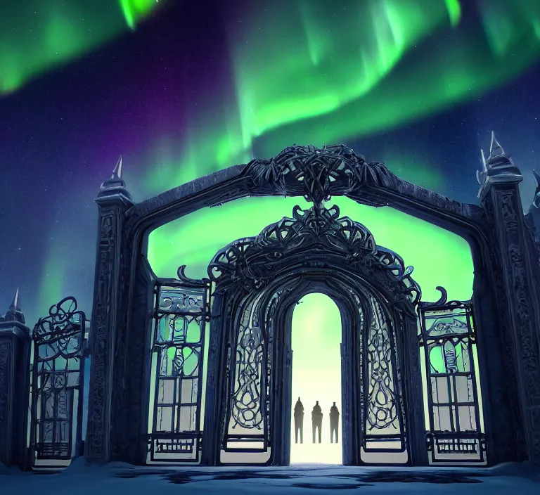 Image similar to a very detailed concept art of intricate and epic gates to aurora borealis, trending on artstation, symmetry, digital art, 4 k, hyper realistic, octane render, sharp focus