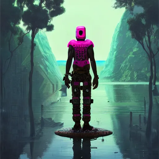 Image similar to a zulu cyberpunk hunter near a pink crocodile infested lake witha a baobab tree by greg rutkowski and android jones in a surreal portrait style, oil on canvas, 8k resolution.