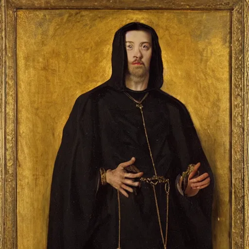 Prompt: a man wearing a long cloak and hood, holding golden chains, oil painting, portrait, high detail