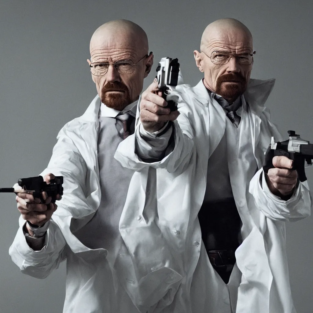 Prompt: walter white in a white suit, holding a pistol
