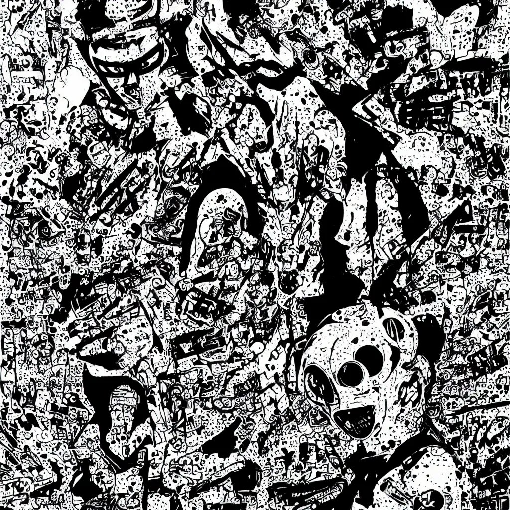 Image similar to faceless human figures, kazuo umezu artwork, jet set radio artwork, stripes, tense, space, skimask, balaclava, ominous, minimal, cybernetic, cowl, dots, stipples, lines, hashing, thumbprint, dark, eerie, circuit board, crosswalks, guts, folds, tearing, painting