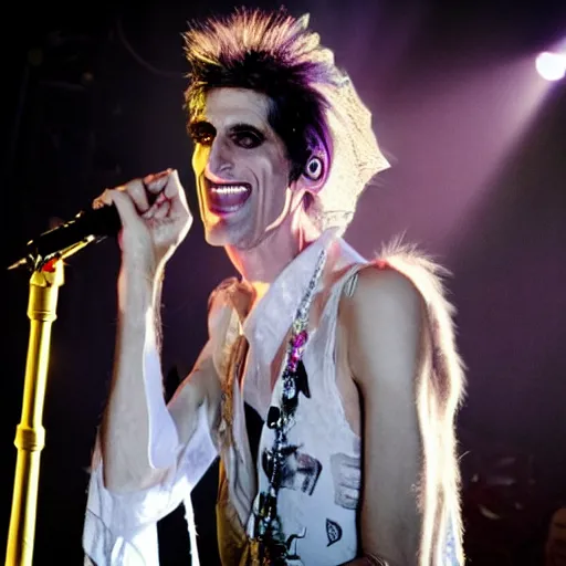 Image similar to perry farrell singing live on stage, dressed as an angel, photographic quality, live concert photo