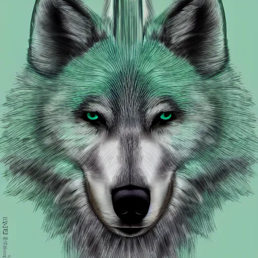 Prompt: Digital Portrait Drawing of Mint-Colored Anthropomorphic Wolf-Unicorn