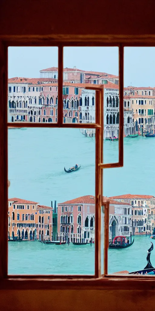 Image similar to window in foreground, venice in background, by wes anderson