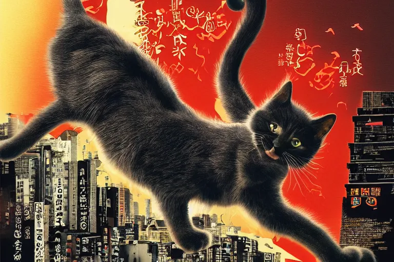 Image similar to cat attacking Tokyo, Swiss design movie poster, masterpiece, masterwork, cgstudio