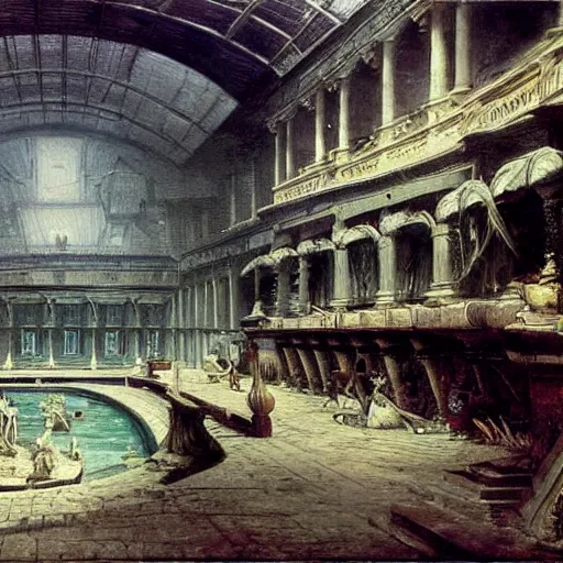 Prompt: painting of a scifi ancient civilzation victorian swimming pool, hr giger andreas achenbach