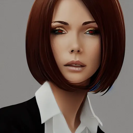 Image similar to woman in business suit, brown neat hair, pixiv, fanbox, trending on artstation, digital art, portrait, modern, sleek, highly detailed, formal, serious, determined, competent, colorized, smooth, charming, pretty, safe for work, law office