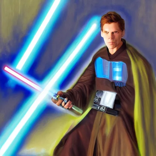 Image similar to jerma 9 8 5 wielding a blue lightsaber, jedi, detailed painting, trending on artstation