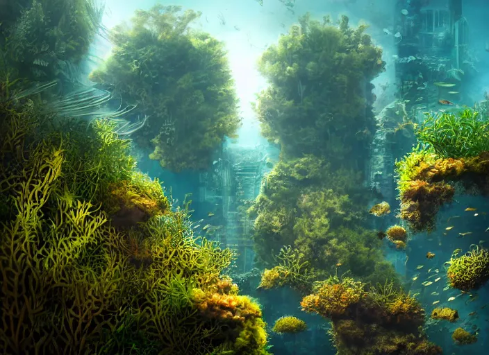 Image similar to overgrown foliage overtaking tall buildings, underwater environment, storefronts, coral, scenery, professional, award - winning, trending on artstation, detailed, realistic, beautiful, emotional, shiny, golden, picture