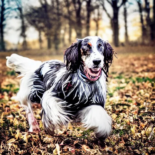 Prompt: “realistic photo of a tricolor English setter looking happy running through open tree lined sunny field”