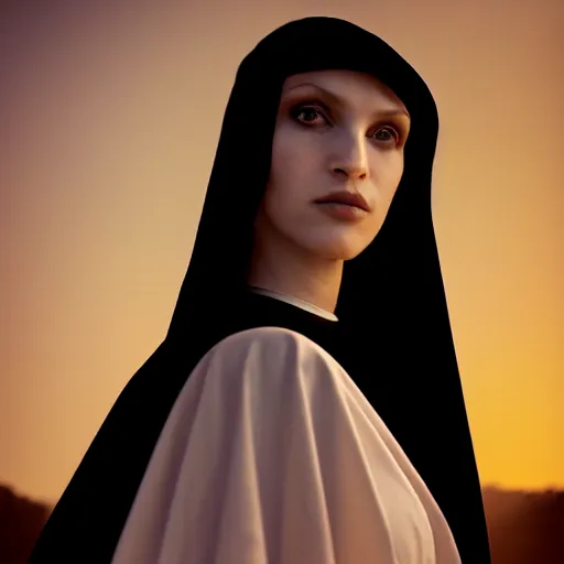 Image similar to photographic portrait of a stunningly beautiful goth nun female in soft dreamy light at sunset, contemporary fashion shoot, by edward robert hughes, annie leibovitz and steve mccurry, david lazar, jimmy nelsson, breathtaking, 8 k resolution, extremely detailed, beautiful, establishing shot, artistic, hyperrealistic, beautiful face, octane render