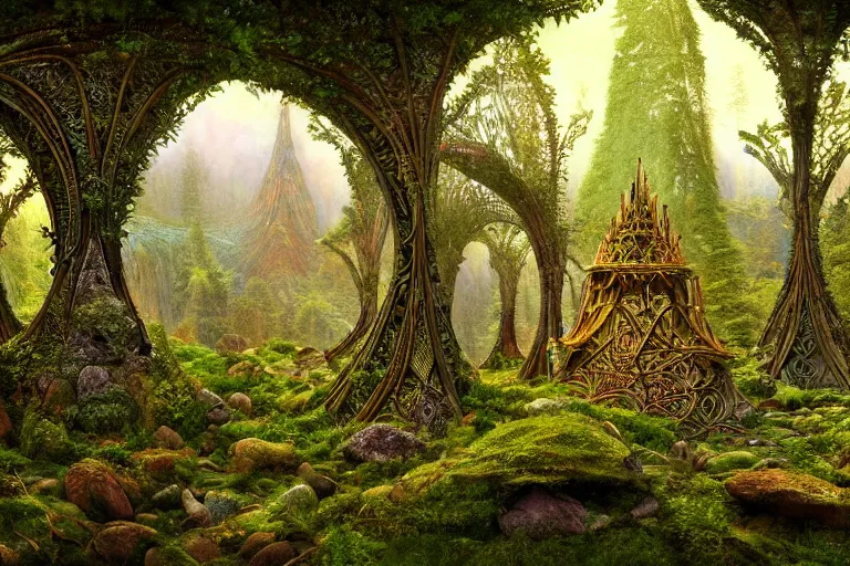 Image similar to a beautiful and highly detailed digital painting of an elven structure in psychedelic forest in a beautiful valley, psychedelic patterns, celtic designs, intricate details, epic scale, 8 k, sharp focus, photorealism, artstation, cgsociety, by caspar friedrich, albert bierstadt, james gurney, brian froud,