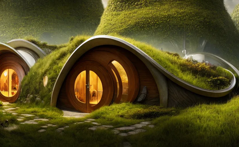 Prompt: exterior shot of hobbit houses at bag end shire in utopian architecture transparent building with cinematic lighting by zaha hadid and renzo piano, darek zabrocki and greg ruthkowski, alphonse mucha, simon stalenhag, cinematic, stars, beautiful, holy place, paradise, scifi, futurism, atmospheric, concept art, artstation