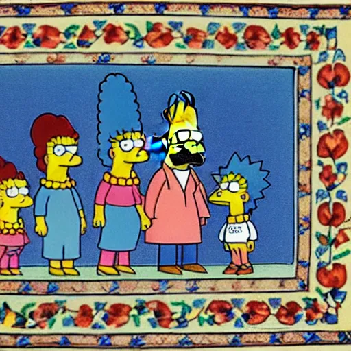 Prompt: a detailed Persian miniature of the Simpsons