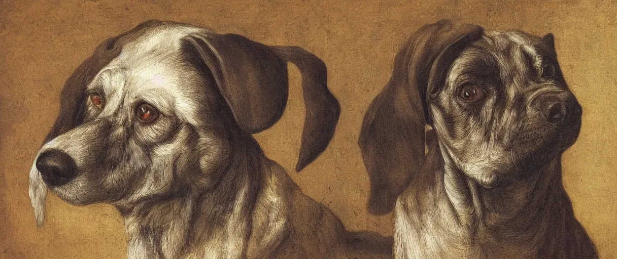 Image similar to studio portrait of a wizened old dog; extremely detailed; oil painting by Leonadro da Vinci