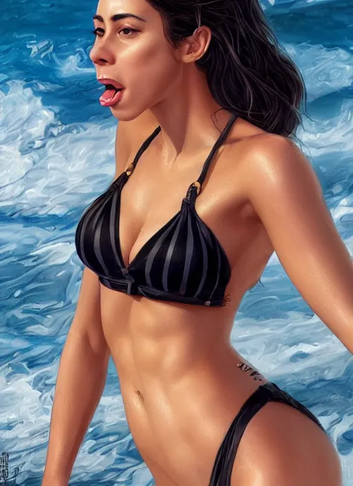 Image similar to full length photo of Oona Chaplin with open mouth in a bikini in the style of stefan kostic, full extremely slim body, not realistic, sharp focus, 8k high definition, insanely detailed, intricate, elegant, art by stanley lau and artgerm and Fernanda Suarez
