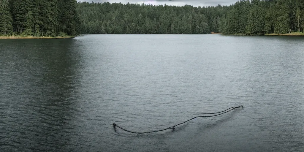 Image similar to symmetrical photograph of an infinitely long rope floating on the surface of the water, the rope is snaking from the foreground stretching out towards the center of the lake, a dark lake on a cloudy day, trees in the background, anamorphic lens, surreal