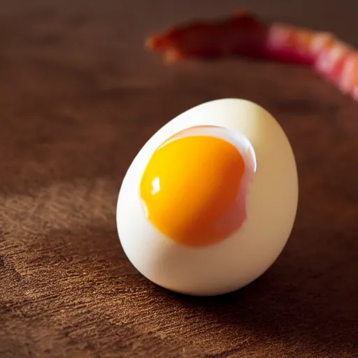 Image similar to an egg and a piece of bacon combined as one, concept , photo, 4k detail