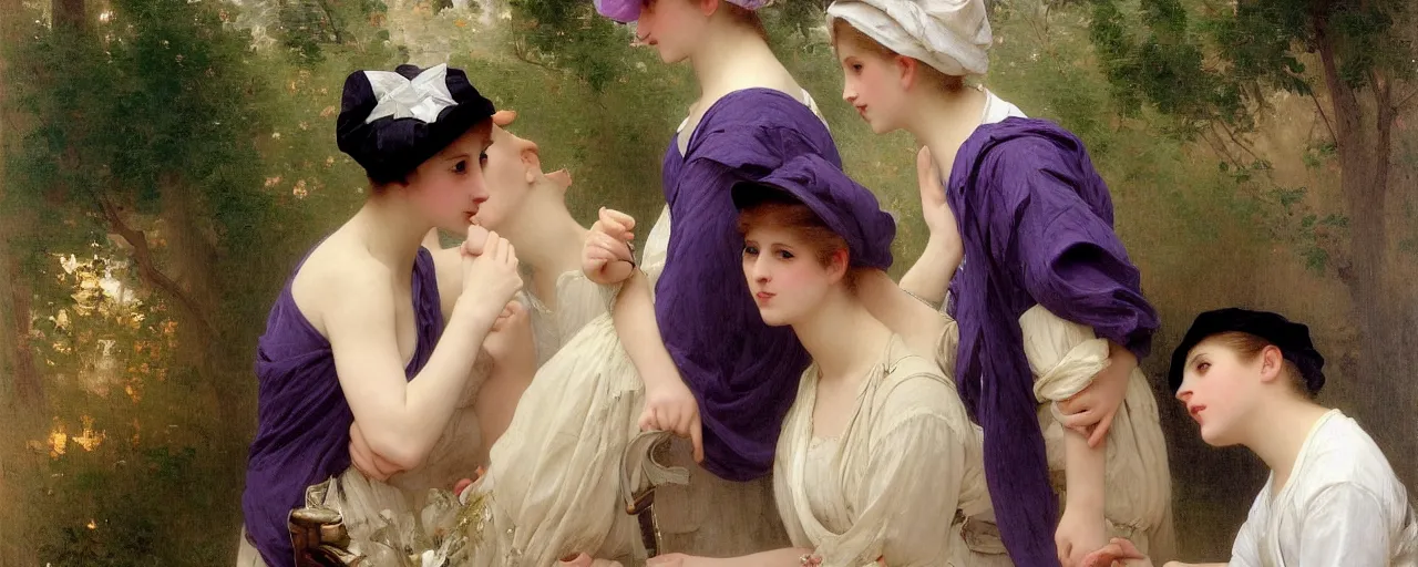 Prompt: A painting of many mysterious girls with short blond hair wearing an oversized purple Beret, Baggy Purple overall shorts, Short Puffy pants made of silk, silk shoes, a big billowy scarf, Golden Ribbon, and white leggings Covered in stars. Short Hair. Sunlit. Haute Couture.Art by william-adolphe bouguereau and Paul Delaroche and Alexandre Cabanel and Lawrence Alma-Tadema. Smooth. Elegant. Highly Detailed. Intricate. 4K. UHD. Denoise.